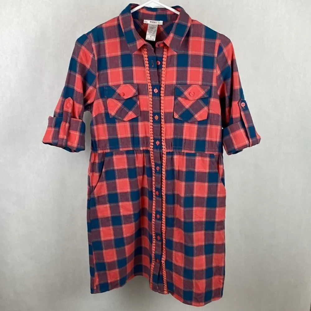 Esley Plaid Shirt Dress Small Pink Blue Long Sleeve Cotton Cinch Tie Waist